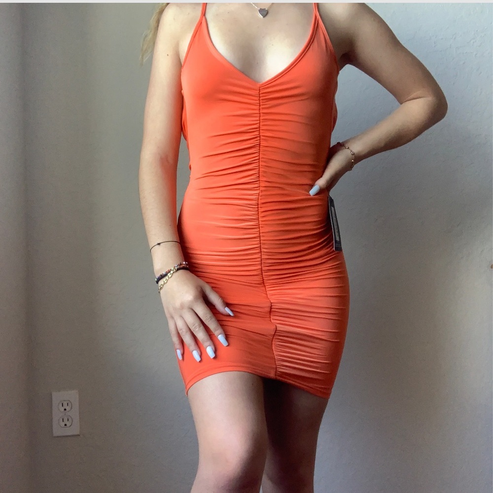 PrettyLittleThing orange ruched dress NWT